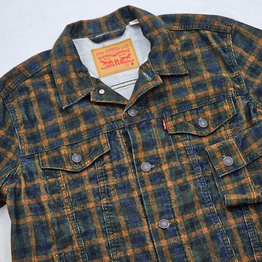 Levi Trucker Jacket Mens M Green Brown Plaid Corduroy Type 3 Grunge Indie